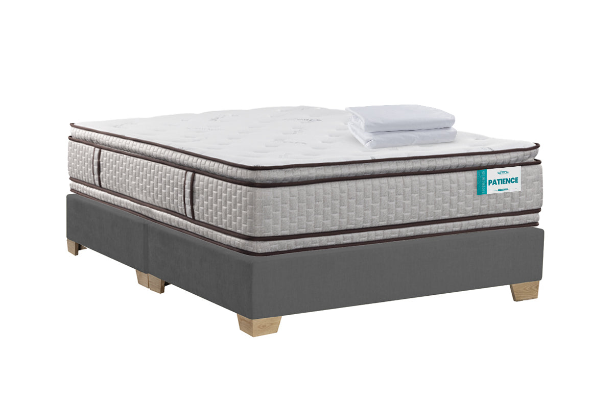 COMBO COLCHON PATIENCE + BASE CAMA SPARK LISA DIVIDIDA PATA MADERA NATURAL GRAFITO