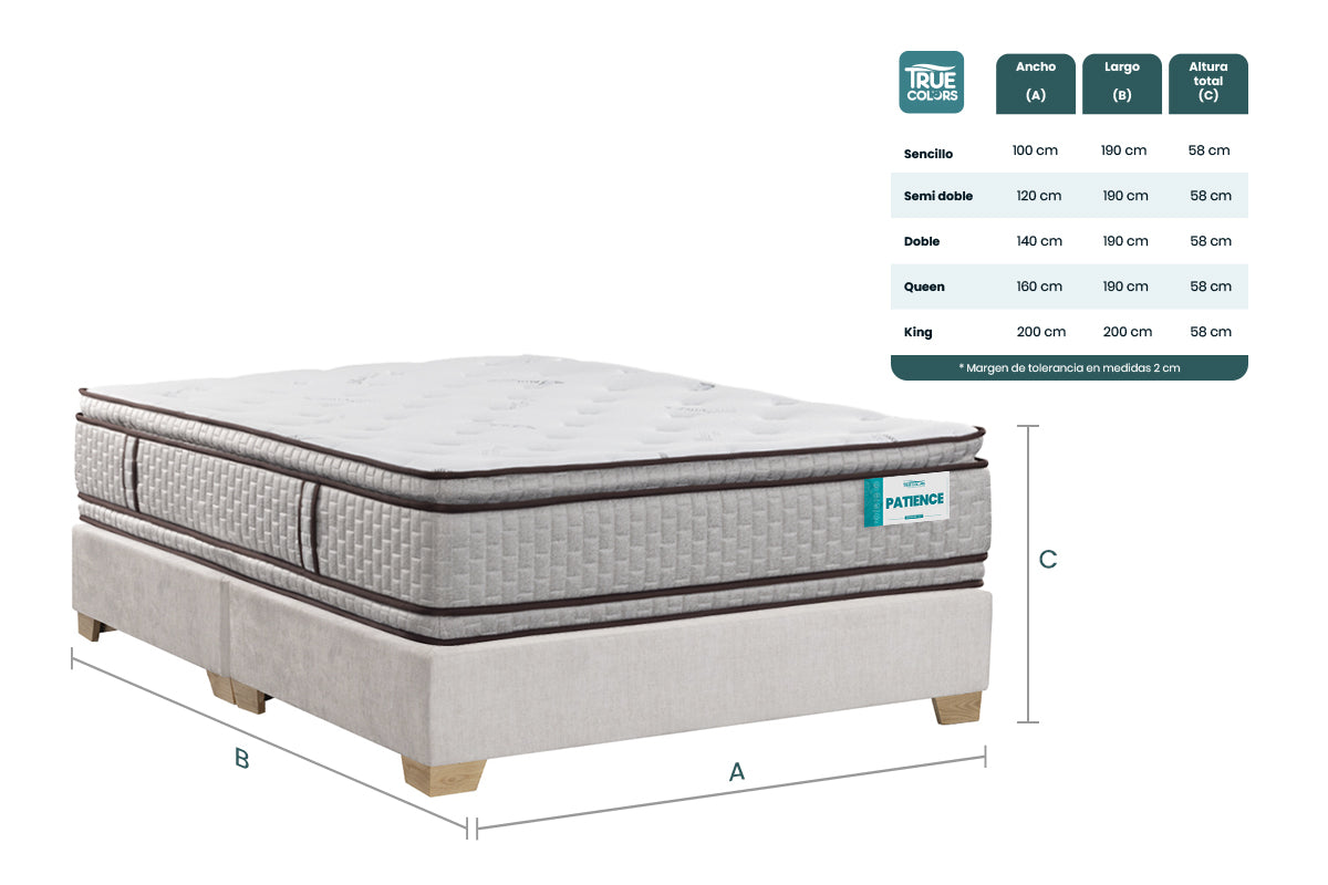 COMBO COLCHON PATIENCE + BASE CAMA SPARK LISA DIVIDIDA PATA MADERA NATURAL GRAFITO