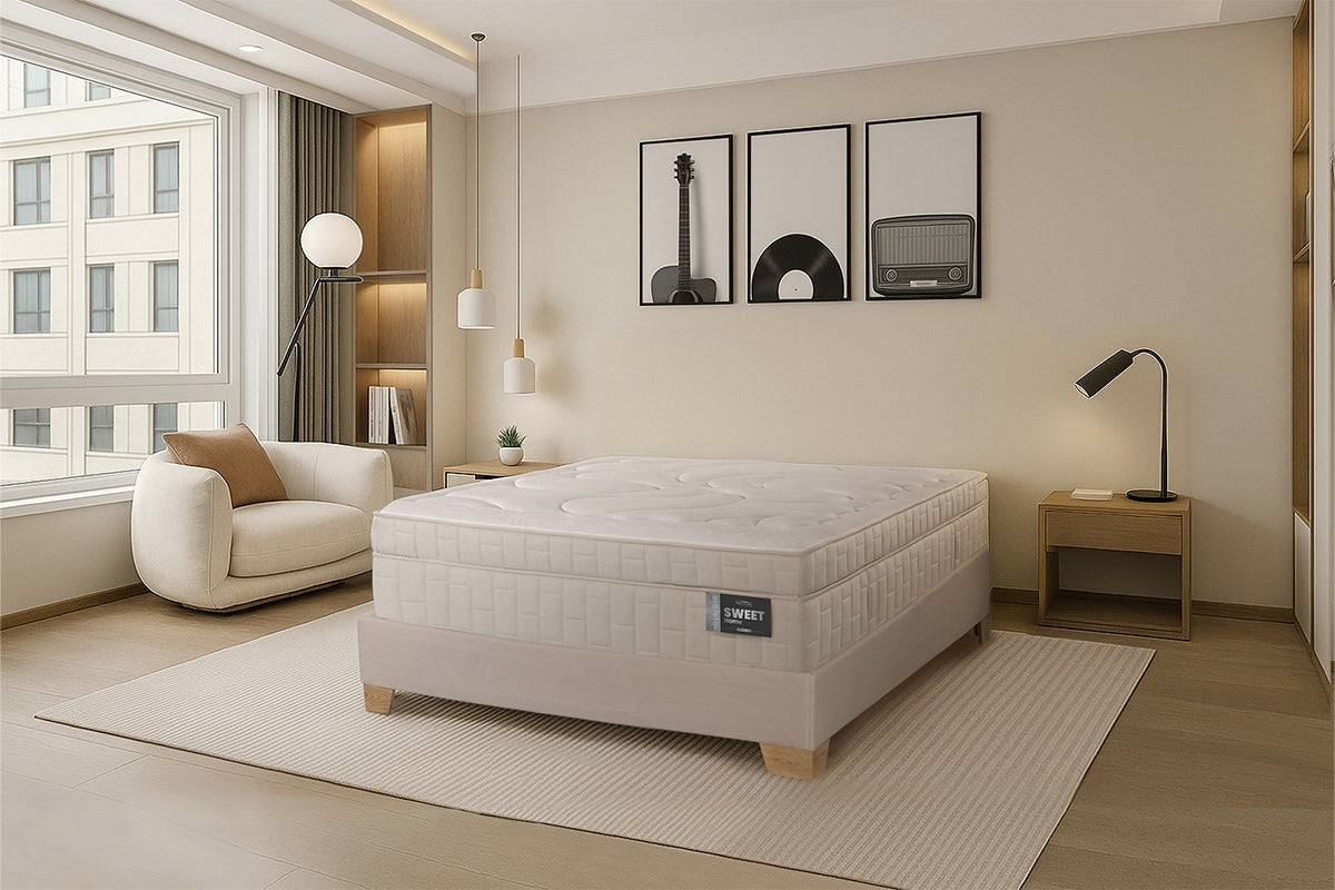 COMBO COLCHON SWEET HOME + BASE CAMA SPARK ENCAJONADA DIVIDIDA PATA MADERA NATURAL