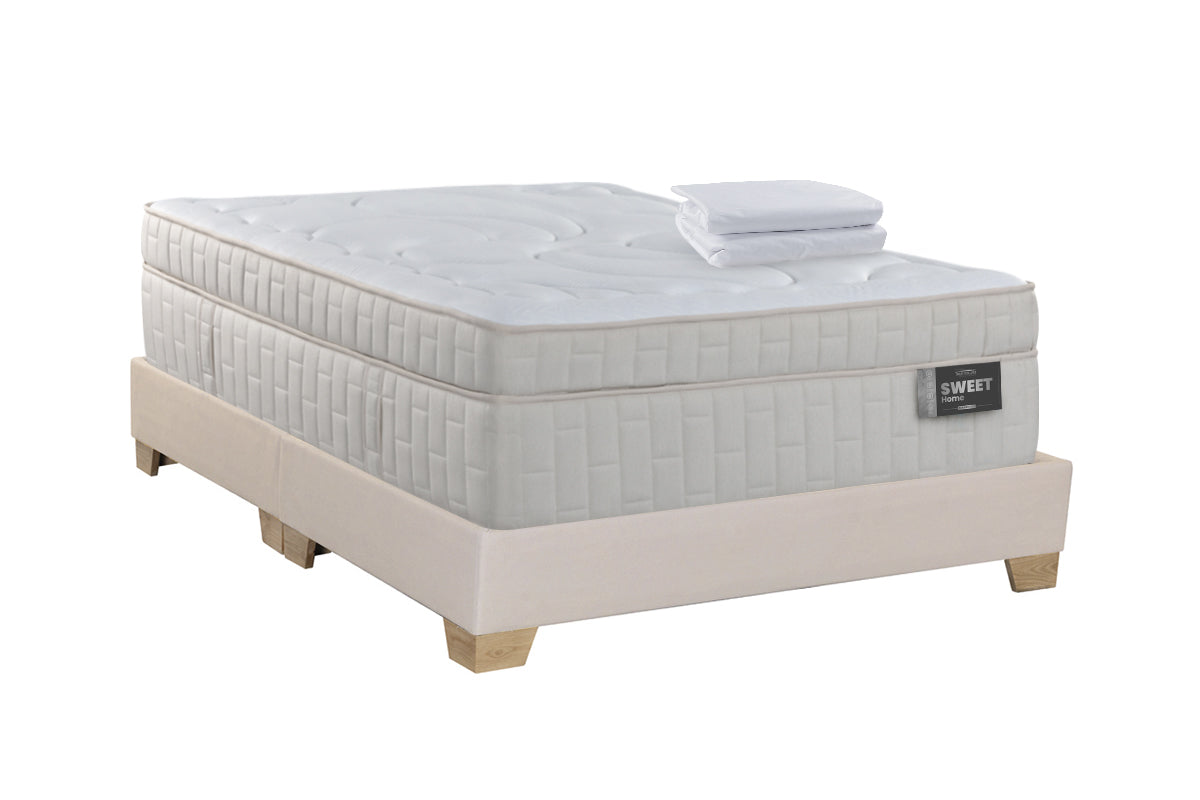 COMBO COLCHON SWEET HOME + BASE CAMA SPARK ENCAJONADA DIVIDIDA PATA MADERA NATURAL