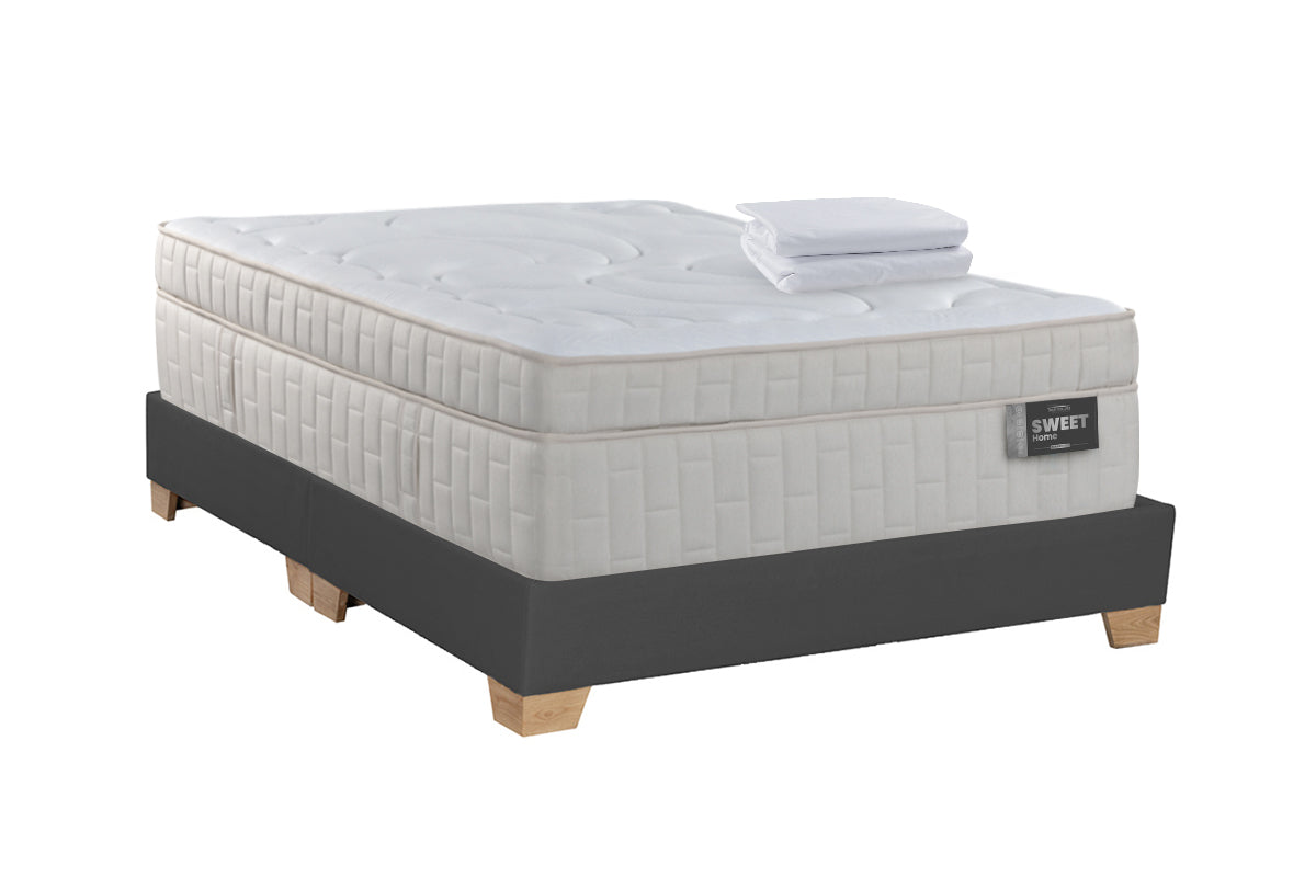 COMBO COLCHON SWEET HOME + BASE CAMA SPARK ENCAJONADA DIVIDIDA PATA MADERA NATURAL