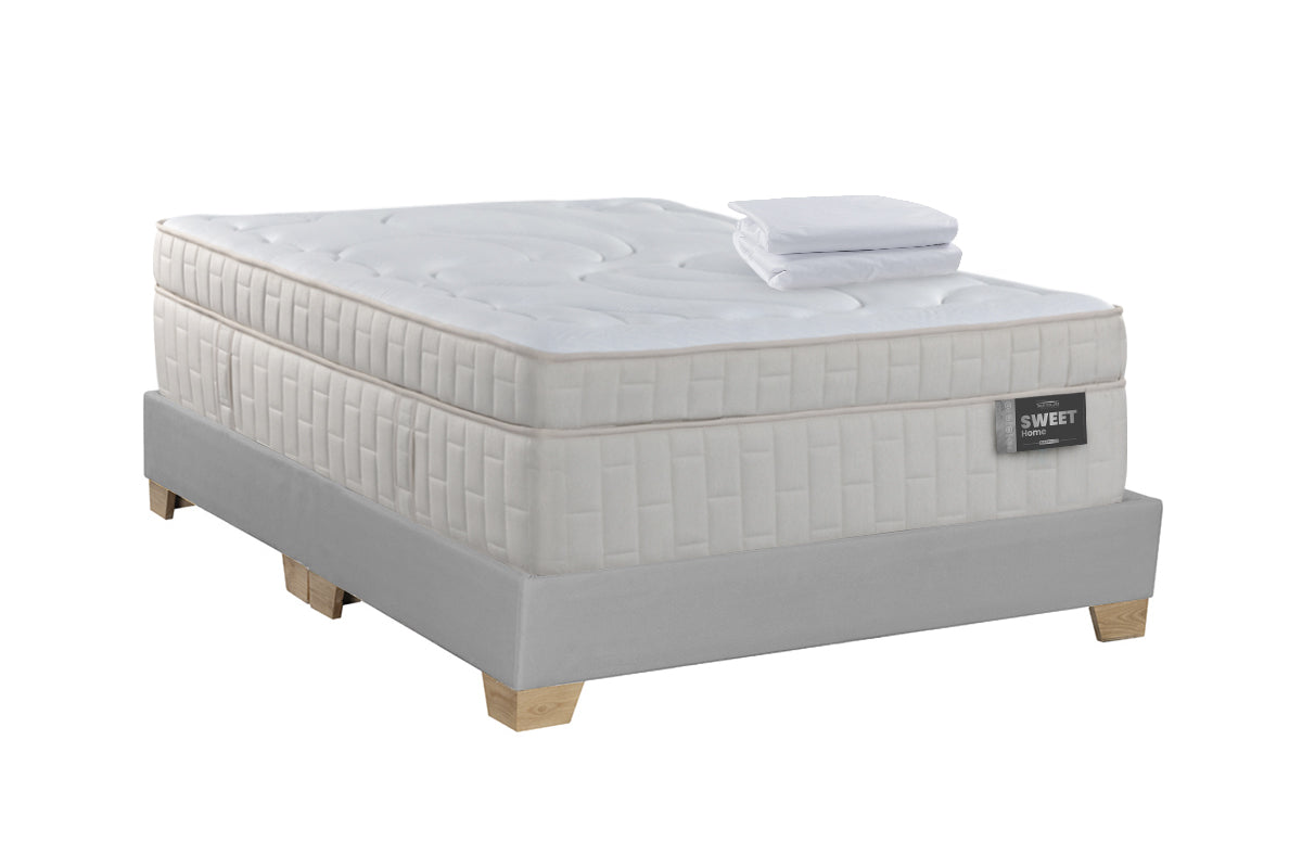 COMBO COLCHON SWEET HOME + BASE CAMA SPARK ENCAJONADA DIVIDIDA PATA MADERA NATURAL