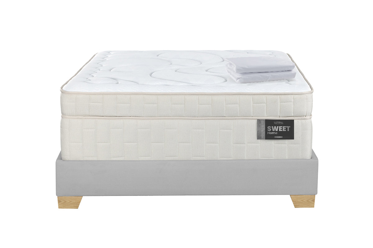 COMBO COLCHON SWEET HOME + BASE CAMA SPARK ENCAJONADA DIVIDIDA PATA MADERA NATURAL