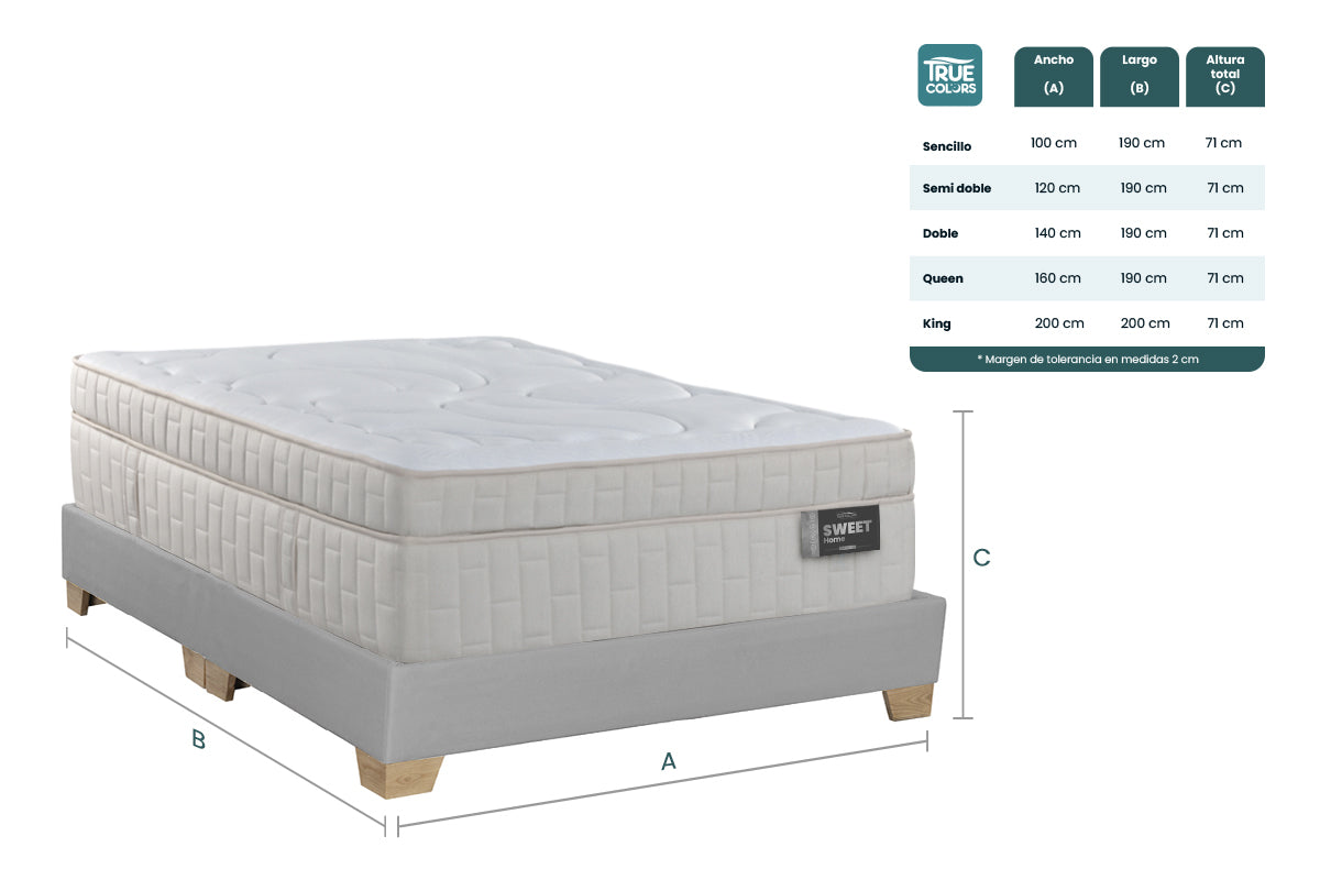 COMBO COLCHON SWEET HOME + BASE CAMA SPARK ENCAJONADA DIVIDIDA PATA MADERA NATURAL