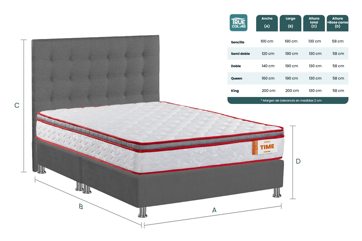 COMBO COLCHON TIME + BASE CAMA SPARK LISA DIVIDIDA + CABECERO LONDON GRAFITO