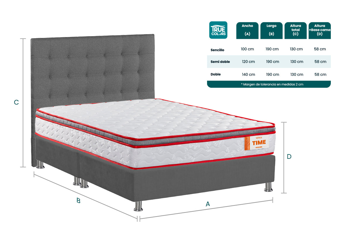COMBO COLCHON TIME + BASE CAMA SPARK LISA DIVIDIDA + CABECERO LONDON GRAFITO